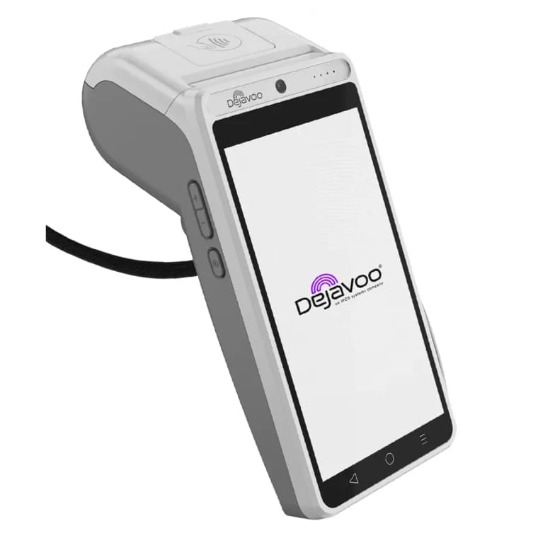 Dejavoo QD4 countertop terminal, a white Android touchscreen unit with a contactless reader and printer on top