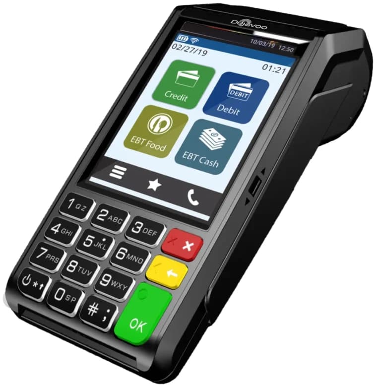 Dejavoo Z9 handheld terminal with a keypad and built-in printer, showing Credit, Debit, EBT Food and EBT Cash on screen